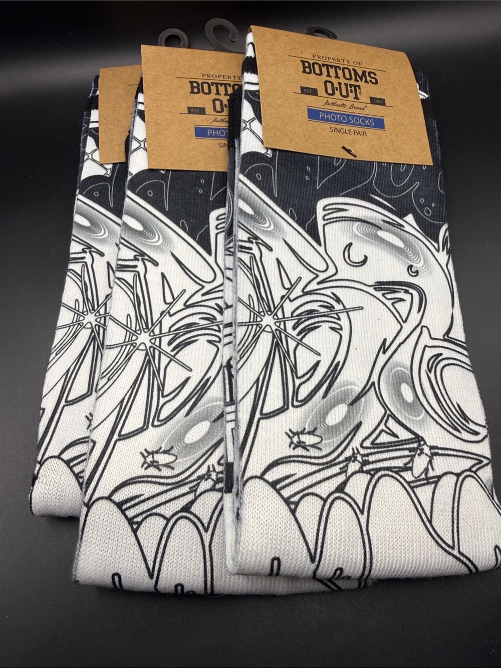 Bottoms Out Black and White Graffiti Crew Socks 3 pairs